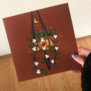 Pumpkin hanging planter with cute ghosties 8x8in art print