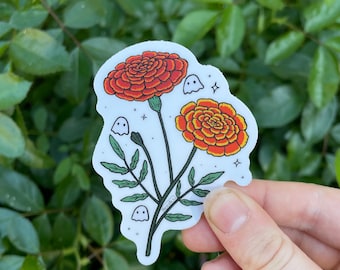 Marigolds with ghosties sticker, October birth month flower