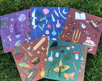 May include: Four colorful illustrations featuring whimsical witchy themes. The illustrations include a teacup, a witch's hat, a rolling pin, a cauldron, a butterfly, a cat, a book, a wand, and a variety of other magical objects.