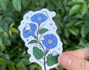 Morning glory with ghosties sticker, September birth month flower