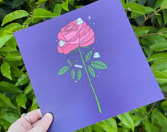 Pink rose with cute ghosties 8x8in art print , June birth flower