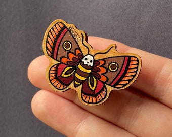 Wooden death’s head moth pin