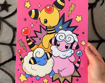 Ampharos, Flaaffy, and Mareep electric Pokémon 8.5x11 in art print