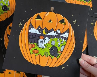 May include: A black and orange Halloween print featuring a jack-o'-lantern with a graveyard scene inside. The jack-o'-lantern has a toothy grin and a crescent moon in the sky. There is a ghost and a black bird inside the pumpkin.