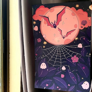 Poster Vol de chauve-souris lunaire rose et fantômes 27,4 x 39,4 cm
