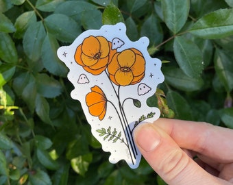 Poppy with ghosties sticker, August birth month flower