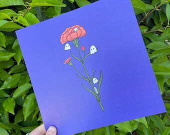 Carnation with cute ghosties 8x8in art print , January birth flower