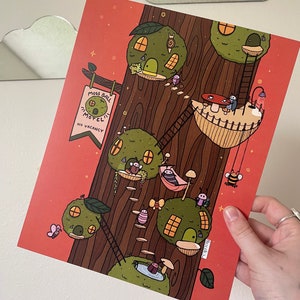 May include: A whimsical illustration of a tree with moss ball houses and a sign that reads "Moss Ball Motel - No Vacancy". The tree is on a red background with stars and other small details.