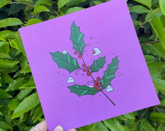 Holly with cute ghosties 8x8in art print , December birth flower