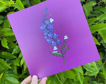 Larkspur with cute ghosties 8x8in art print , July birth flower