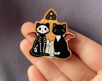 Wooden spooky ouija cats pin