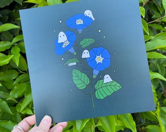 Morning glory with cute ghosties 8x8in art print , September birth flower