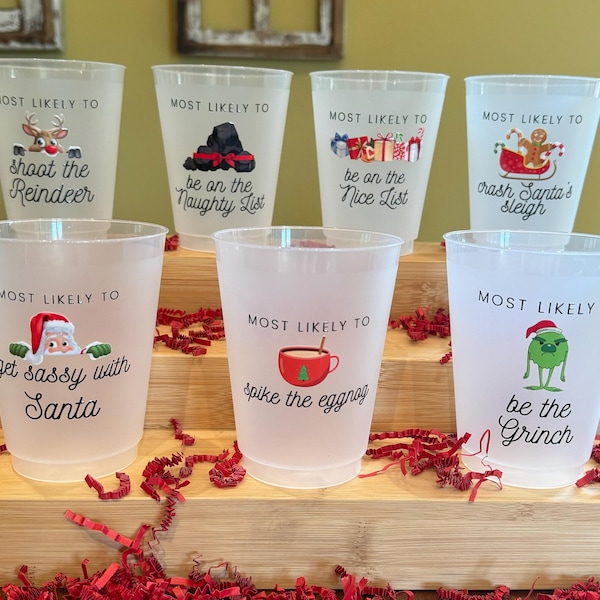 Most likely to, Holiday party cups, 16oz frosted flex cups, Christmas