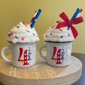 Patriotic mini mug with faux topping, 4th of July mini mug, mini tiered tray decor, mini coffee mug,