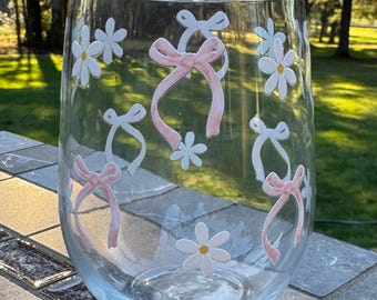 Pink bow glass, Daisy glass, Watercolor pink bow, Soft girl aesthetic, Coquette glass