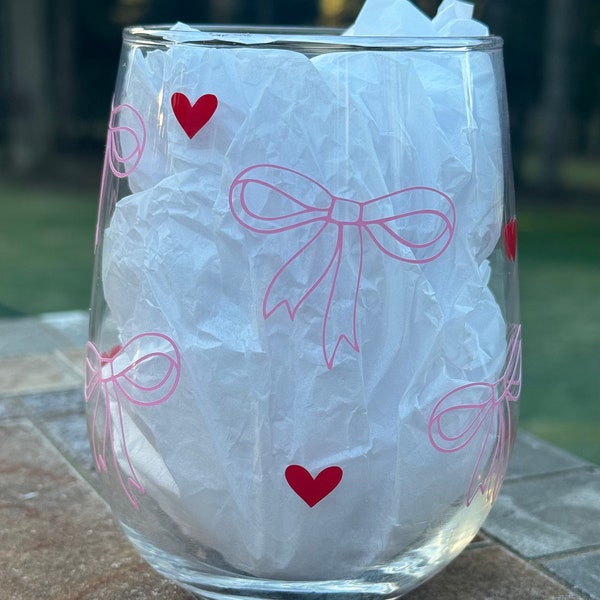 Coquette aesthetic, Soft girl aesthetic, Pink bow with heart, stemless wine glass