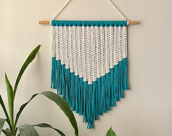 Handmade Macrame Wall Hanging: Teal Blue & Off-White Boho Decor
