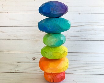 Large Rainbow Ombre Wooden stacking stone balancing block set, open-ended building blocks, Set of 6, Montessori, Waldorf
