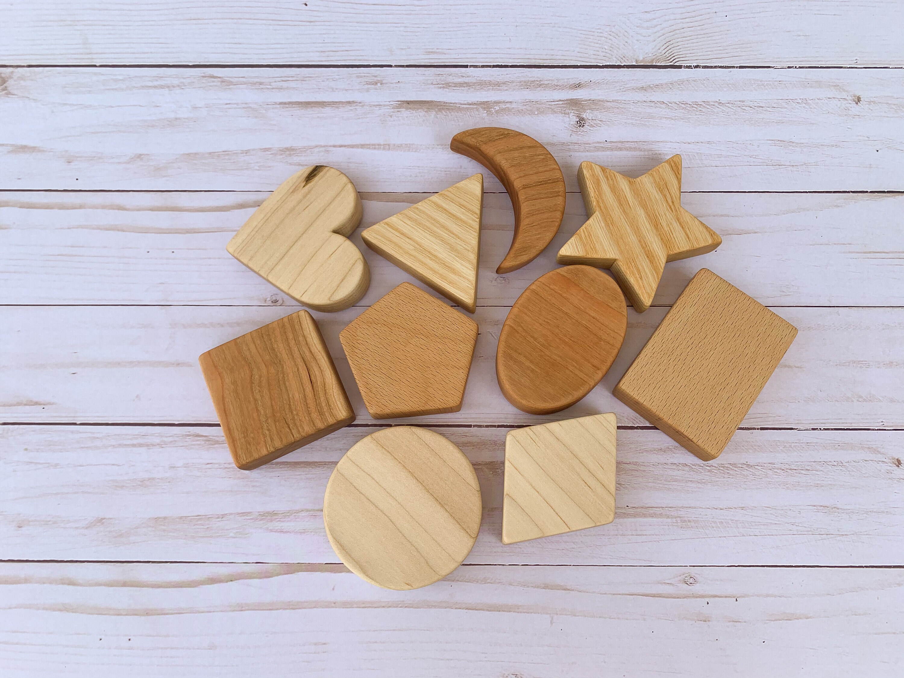 Wooden Shapes Blocks Set of 10 handmade Natural hardwood Etsy