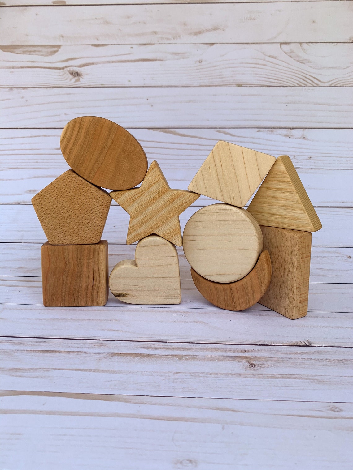 Wooden Shapes Blocks Set of 10 handmade Natural hardwood Etsy