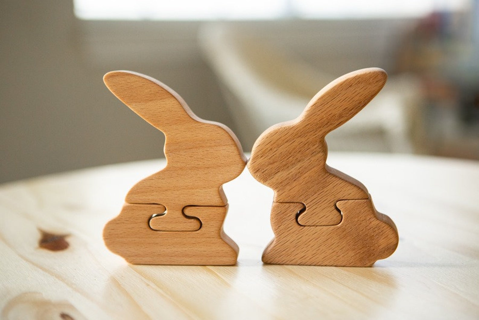 Natural Wooden Bunny Rabbit Jigsaw Puzzle, My First Jigsaw, Handmade Hardwood Waldorf Wooden Toy