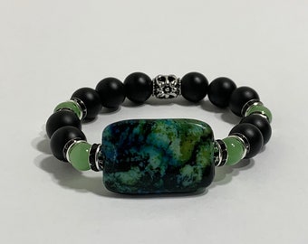 Green Jasper Natural Stone Bracelet with Onyx Matte Black Beads And Green Cat Eye Gemstone Beads