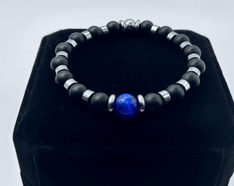 Thin Blue Line Bracelet Police  - Men/Unisex 8mm, Natural Matte Black Onyx, Blue Cat Eye Beads with Stainless-Steel Spacer.