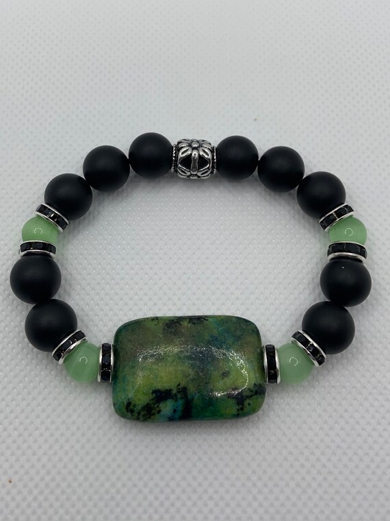 Green Jasper Natural Stone Bracelet With 8mm Onyx Matte
