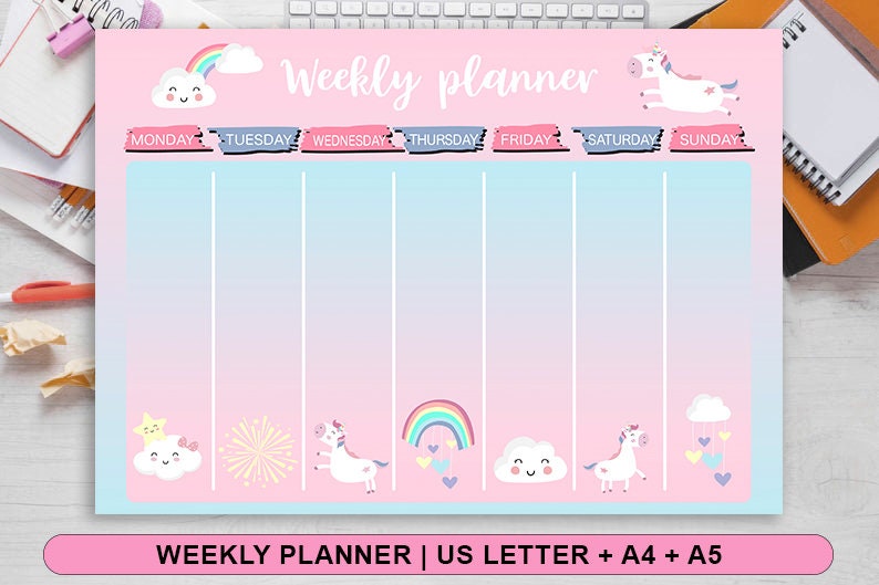 kids weekly planner unicorn schedule chart home school