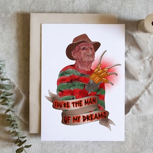 Cartão de dia dos namorados, cartão de aniversário, Freddie Krueger, pesadelo na rua Elm, cartão de filme de terror, homem dos seus sonhos, cartão físico, cartão