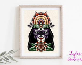 Mother Nature print, tattoo style artwork, digital download print, traditional style, wall art