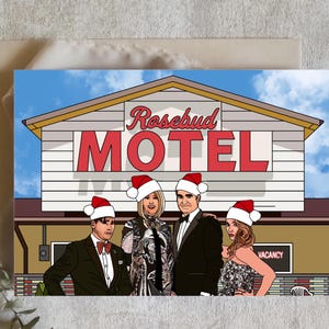 Carte de Noël de Schitts Creek, rose moira, la famille des roses, motel rosebud, saint schitt, carte amusante, félicitations festives, carte physique