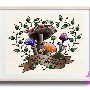 Holy shiitake mushroom print, tattoo style artwork, digital download print, traditional style, wall art, gift for her, cottage core, decor