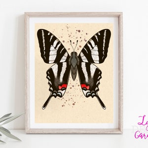 Butterfly wall art, zebra swallowtail butterfly, digital art, entomology, nature lover, animal lover, gift, gift for her, download, painting