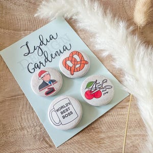 The office button pin set of 4, badge, Dwight schrute, jello stapler, Michael Scott, Jim and Pam, Kevin chilli, gift, stocking stuffer, ryan