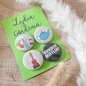 The office button pin set of 4, badge, Dwight schrute, jello stapler, Michael Scott, Jim and Pam, Kevin chilli, gift, stocking stuffer, ryan