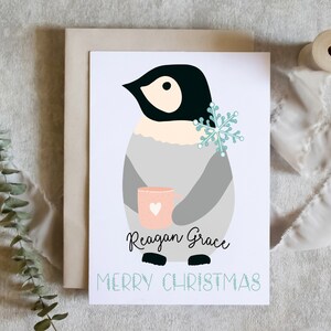 Aangepaste kerstkaart, pinguïn, feestelijk, kousenvuller, leuke kerst, fysieke kaart, wenskaart, retro, grappig, hulst, jouw naam