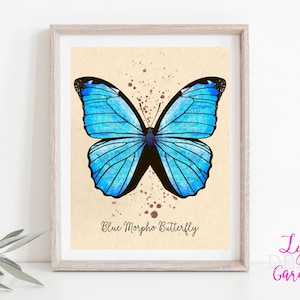 Butterfly wall art, blue morpho butterfly, digital art, entomology, nature lover, animal lover, gift, gift for her, download, painting