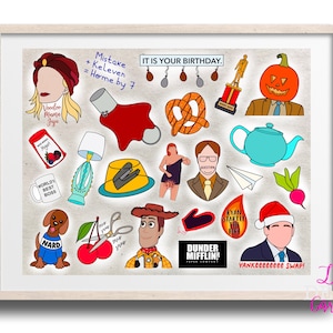 May include: A white framed print with a variety of colorful illustrations and text related to the TV show "The Office". The text includes "Mistake + Keleven = Home by 7", "It is your birthday", "World's Best Boss", "Dunder Mifflin", "Ryan Started the Fire", and "Yankeeeeee Swap!"