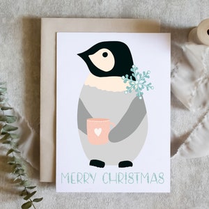 Kerstkaart, pinguïn warme chocolademelk, feestelijk, kousvuller, leuke kerst, fysieke kaart, wenskaart, retro, grappig, hulst