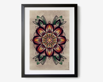 Mandala print, tattoo style artwork, digital download print, traditional style, wall art