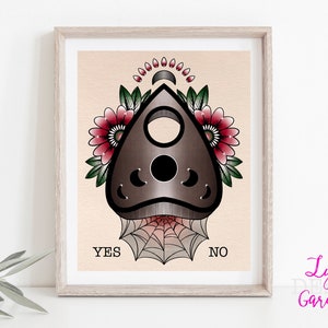 Planchette spider web print, tattoo style artwork, digital download print, traditional style, wall art, witchy gift, ouija board gift, decor