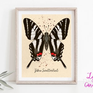 Butterfly wall art, zebra swallowtail butterfly, digital art, entomology, nature lover, animal lover, gift, gift for her, download, painting
