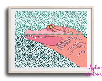 Retro print, pink alligator print, pop art, psychedelic, gift, decor, wall art, artwork, digital download, retro style, wall art, gator art