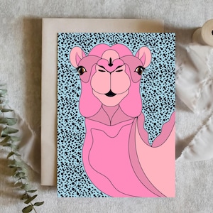 Carte de voeux, carte rétro, chameau rose, carte rigolote, carte physique, carte de voeux, carte mignonne, pop art, carte d'amour, design rétro, original