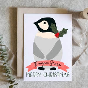Aangepaste kerstkaart, pinguïn, feestelijk, kousenvuller, leuke kerst, fysieke kaart, wenskaart, retro, grappig, hulst, jouw naam
