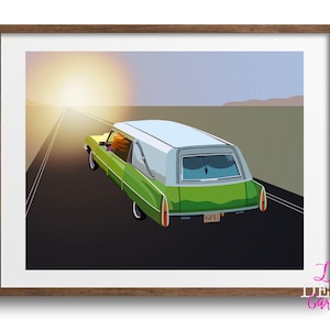 Zes voet onder kunstwerk, fanart, kunst aan de muur, groene lijkwagen, claires auto, het vissershuis, uitvaartcentrum, Claire fisher, groene auto, cadeau, print