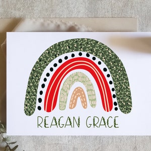 Tarjeta de Navidad personalizada, feliz arco iris navideño, árboles de Navidad, relleno de medias, linda Navidad, tarjeta física, elección de nombre, su nombre