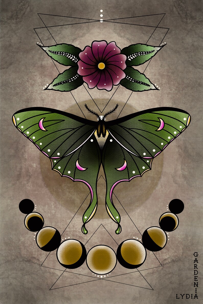 Luna Moth Moon Phase Print, Tattoo Style Wall Art (digital Download) - Etsy