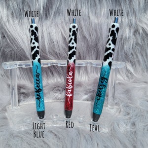Bolígrafo de tinta en gel con purpurina y estampado de vaca personalizado, personalizable, recargable